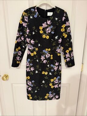 ERDEM Black Long-Sleeve Floral Sheath Dress
